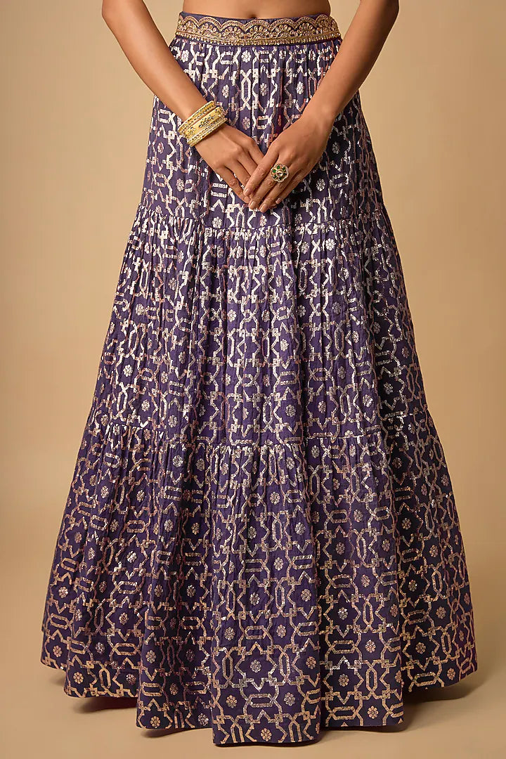 Purple Banarasi Chanderi Hand Embroided Lehenga Set