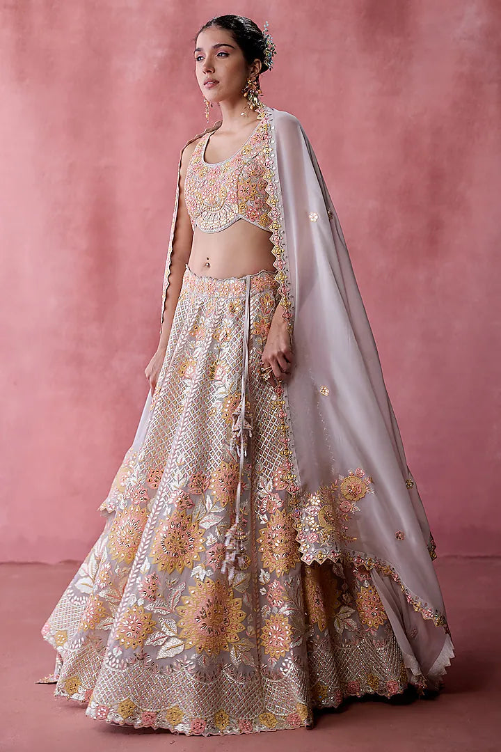 Grey Organza Gota & Resham Embroidered Lehenga Set