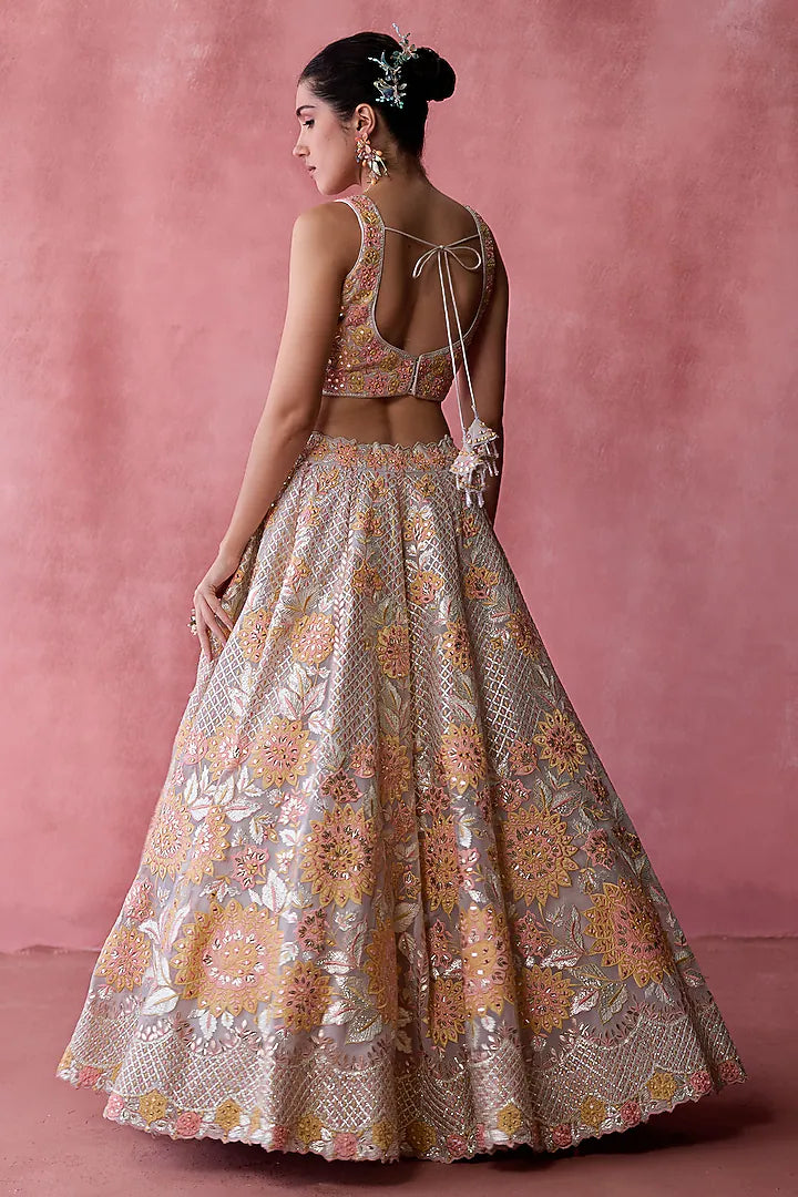 Grey Organza Gota & Resham Embroidered Lehenga Set