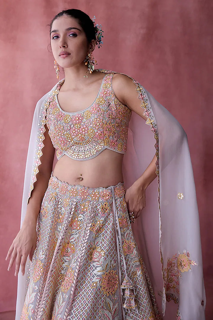 Grey Organza Gota & Resham Embroidered Lehenga Set